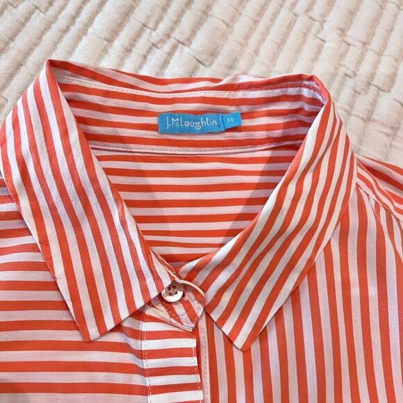 J. McLaughlin Striped Poplin Cotton Collared Blouse Top Womens M Orange White - Picture 7 of 10